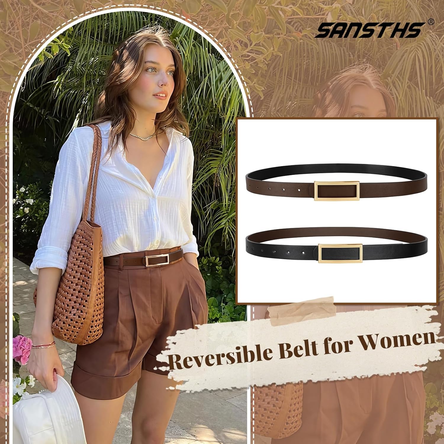 SANSTHS Skinny Reversible Belts for Women, Two-in-one Women Thin Belt for Dresses Jeans Pants with Gold Buckle