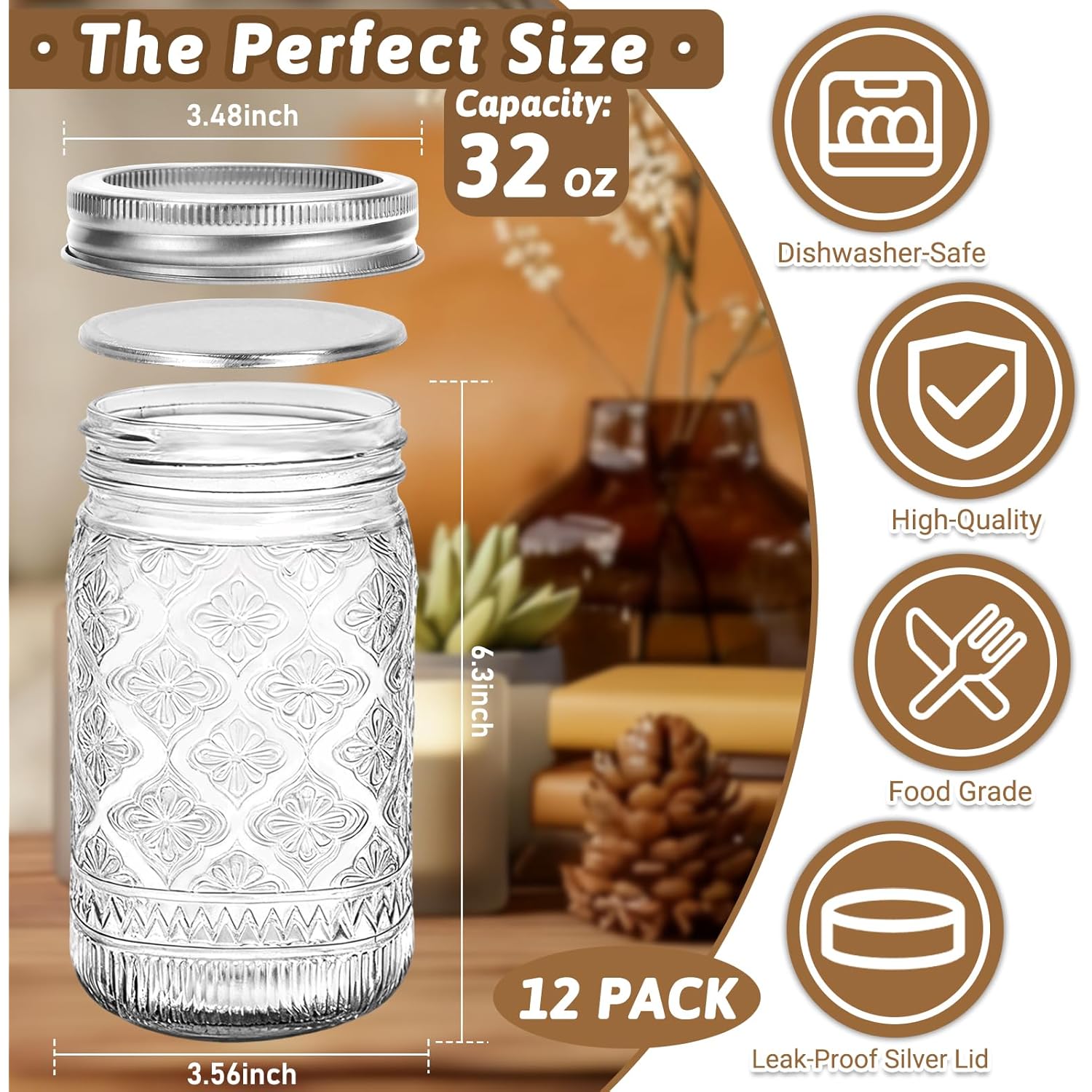 32 oz Mason Jars with Airtight Lids and Bands, 12-Pack with Wide Mouth, Rustic Stickers & Tags, Quart Glass Canning Jars for Pickling, Food Storage, Fermentation,Overnight Oats