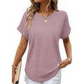 Sampeel Summer Tops For Women 2026 Trendy Rolled Short Sleeve Shirts Waffle Knit Crew Neck Tops Curved Hem Fashion Clothing