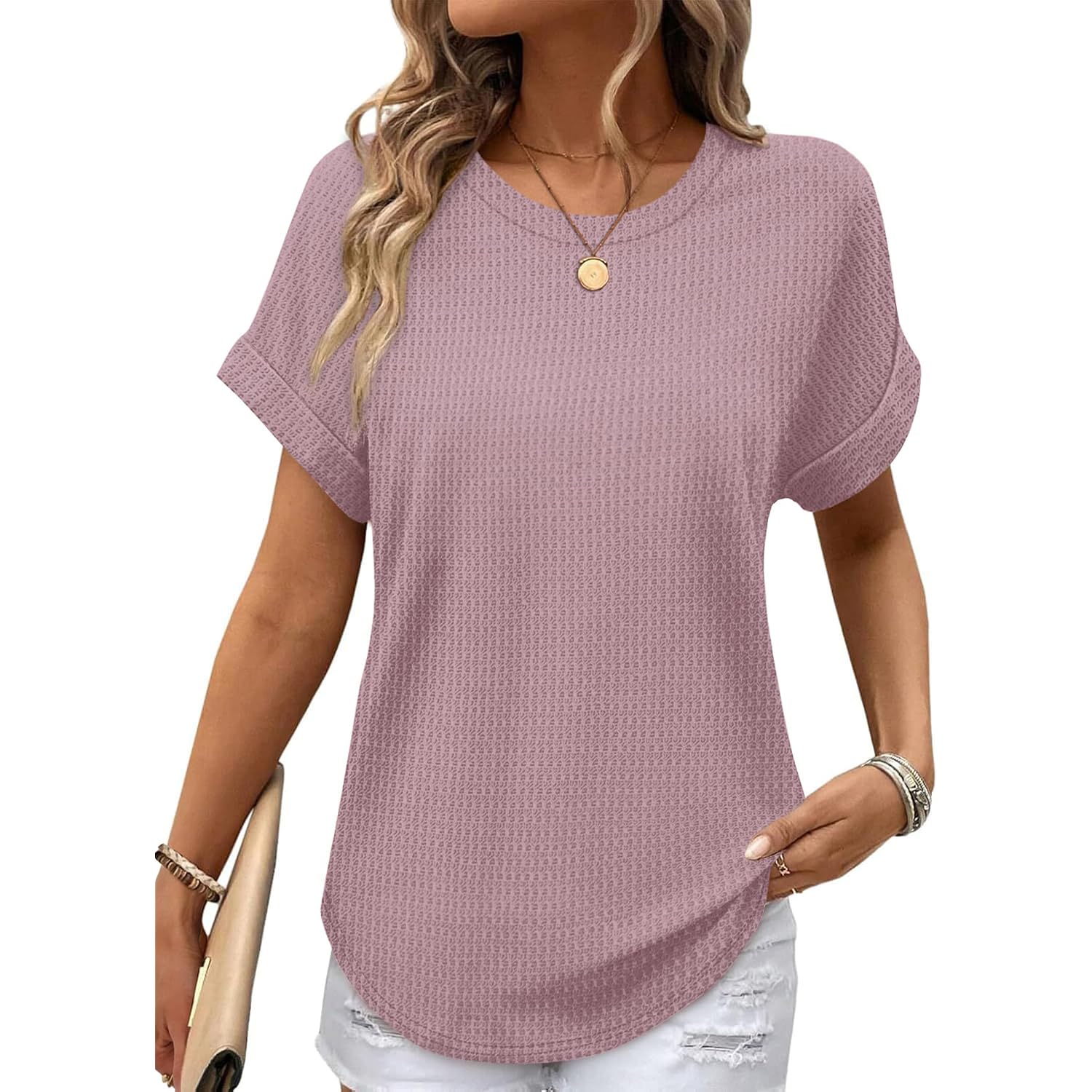 Sampeel Summer Tops For Women 2026 Trendy Rolled Short Sleeve Shirts Waffle Knit Crew Neck Tops Curved Hem Fashion Clothing