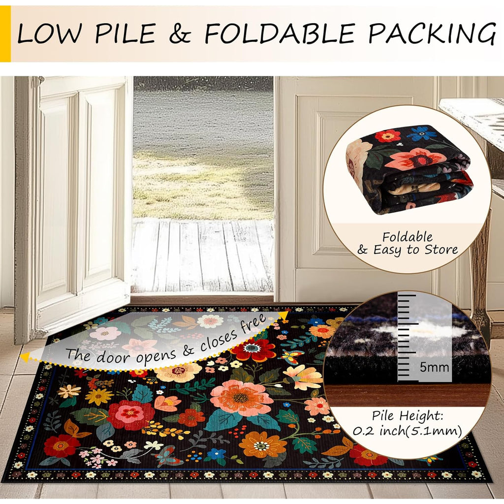RELEANY Floral Nursery 5x7 Area Rugs Washable Print Boho Cute Carpet Non Slip Flower Low Pile for Living Room Kids Girls Playroom Bedroom Kitchen Office Farmhouse-Black