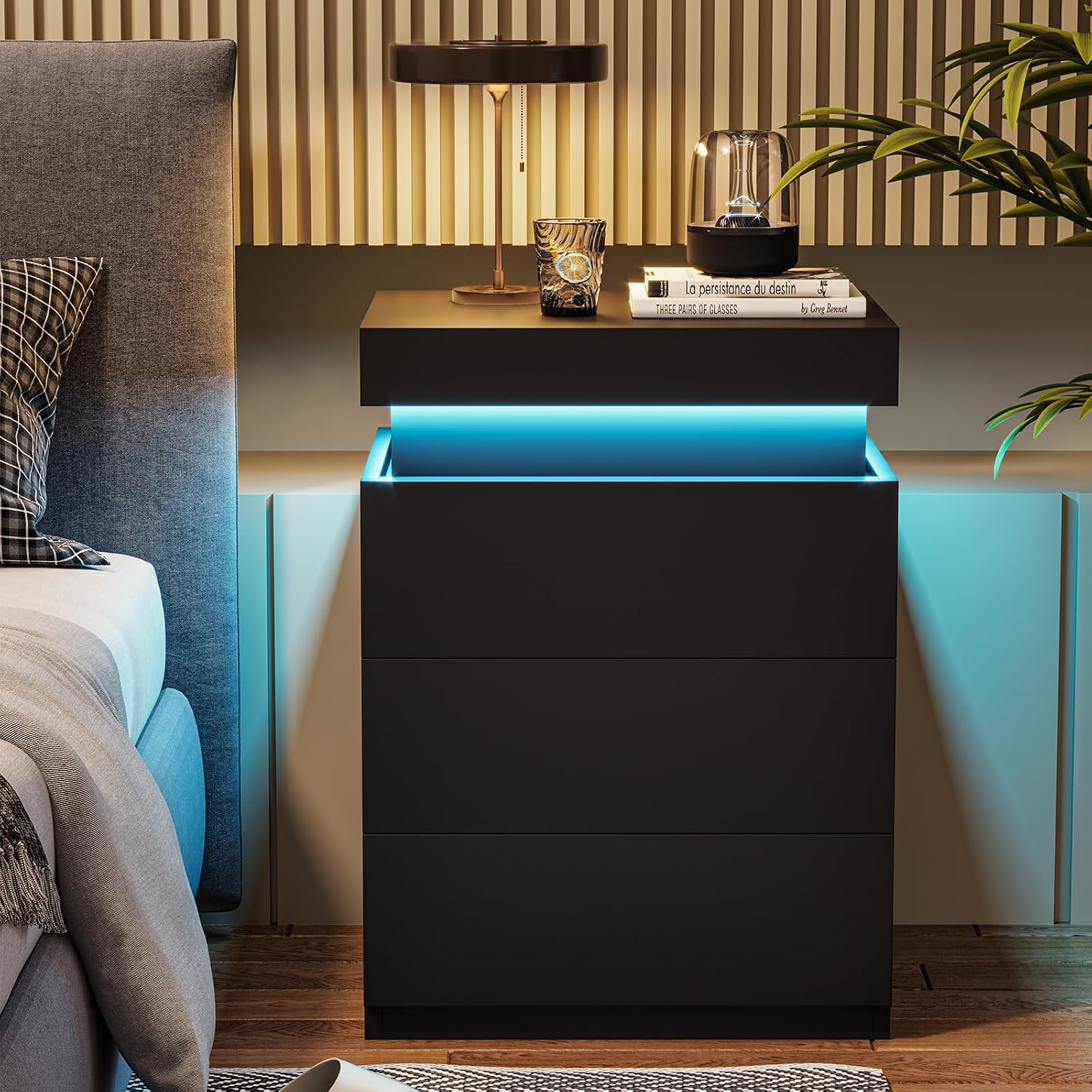 Adorneve Black Nightstand With Charging Station And Led Lights | Modern Night Stand With Sliding Top,Bedside Table With Drawers,Bed Side Tables Bedroom