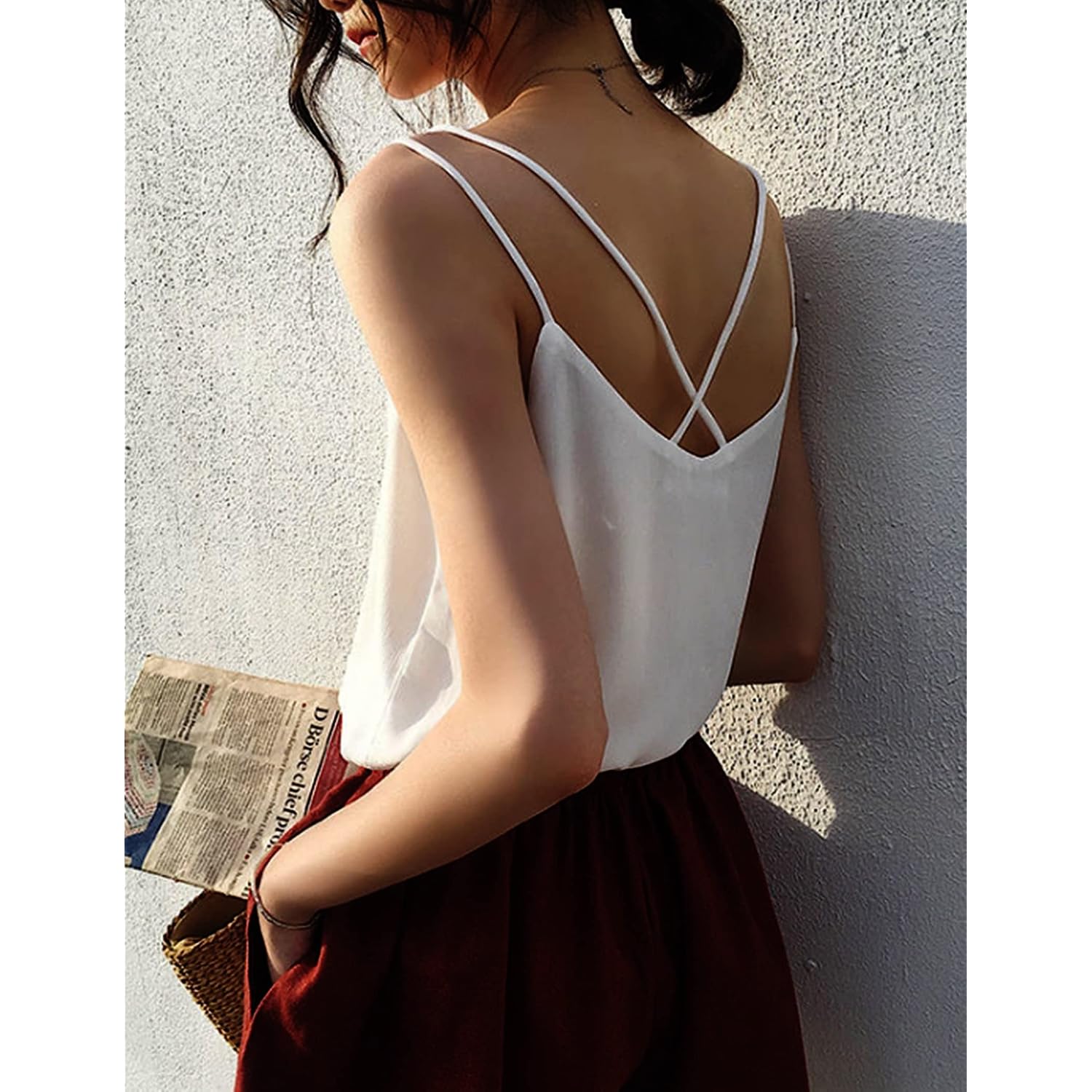 Ekouaer Womens 2-Pack Silk Satin Camisole Tank Top V Neck Sexy Cross Back Spaghetti Strap Cami Sleeveless Lounge Tops S-XXL