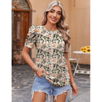 Zeagoo Blouse For Women Dressy Casual Puff Short Sleeve Boho Tops Fashion Floral Crew Neck Tunic Shirts Summer Clothes