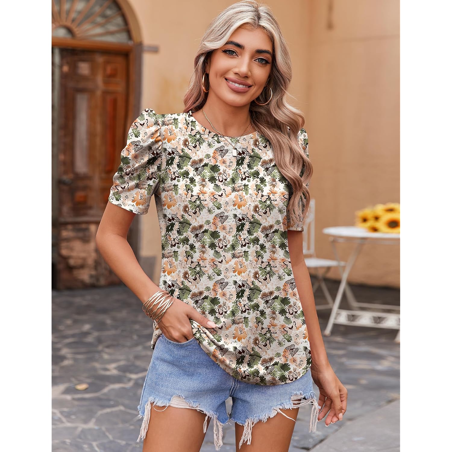 Zeagoo Blouse For Women Dressy Casual Puff Short Sleeve Boho Tops Fashion Floral Crew Neck Tunic Shirts Summer Clothes