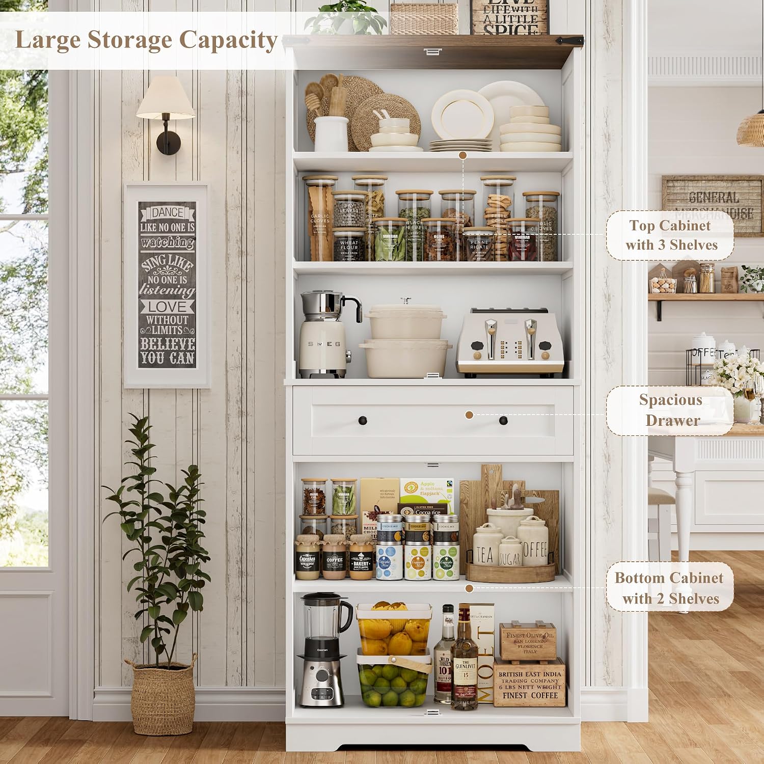 Hostack 71" Kitchen Pantry Storage Cabinet, Farmhouse Pantry Cabinet, White | Tall Kitchen Storage Cabinet With Wide Drawer, Freestanding Food Pantry With Doors & Shelves For Dining Room, Living Room