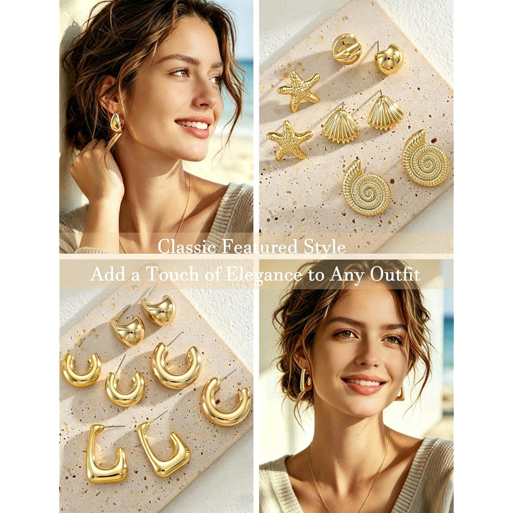 16 Pairs Starfish Chunky Gold Hoop Earrings Set for Women, Beach Shell Style Stack Statement Earrings, Hypoallergenic Lightweight Gold Plated Trendy Summer Jewelry Gift