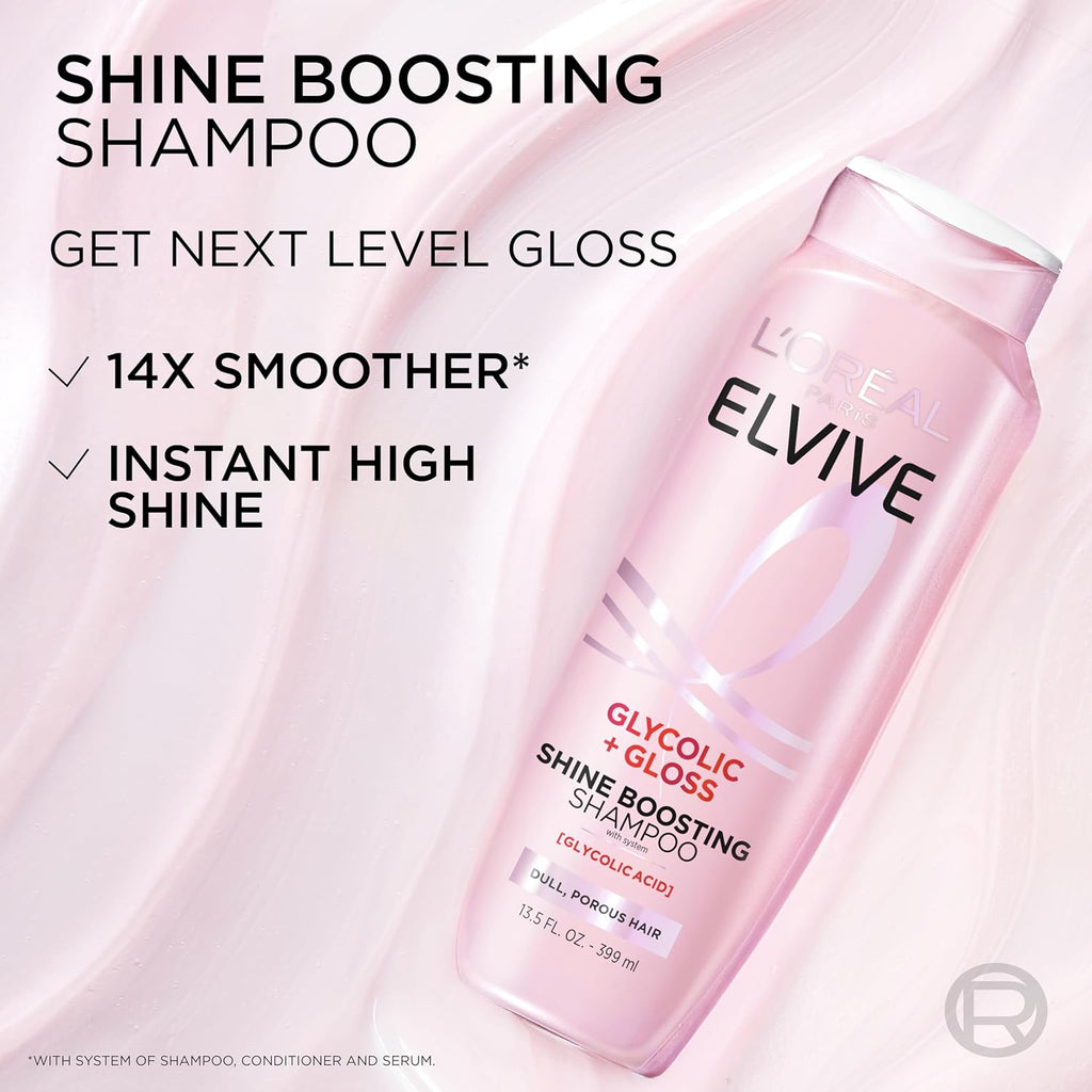 L'Oreal Paris Elvive Glycolic + Gloss Shine Boosting Shampoo And Conditioner Set, Cleanses And Smooths Dull, Porous Hair Into High-Shine, Glossy Hair, 56 Fl Oz Set