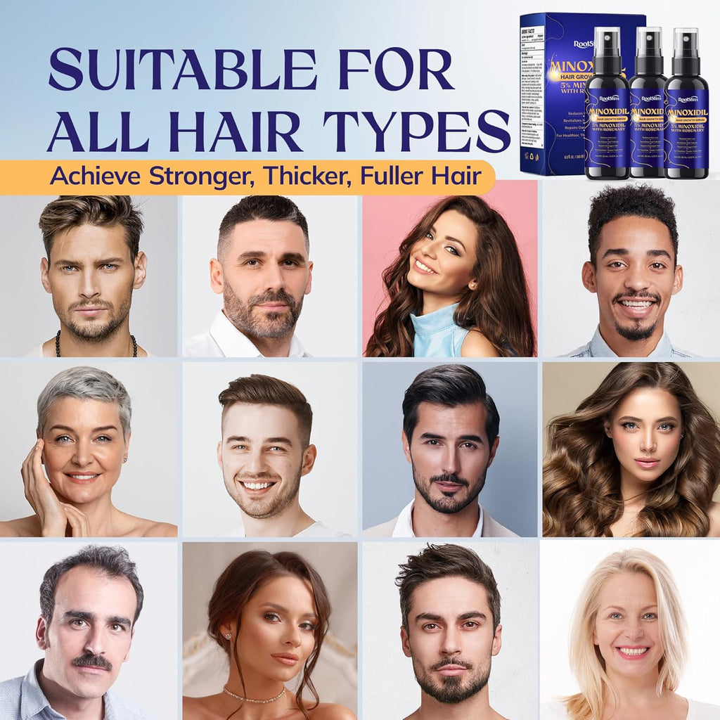 5% Minoxidil Hair Growth for Men and Women: 3-Pack RootStim Extra Strength Minoxidil Beard Regrowth Treatment with Rosemary for Thinning Hair Regrowth and Fuller Hair 180 ML