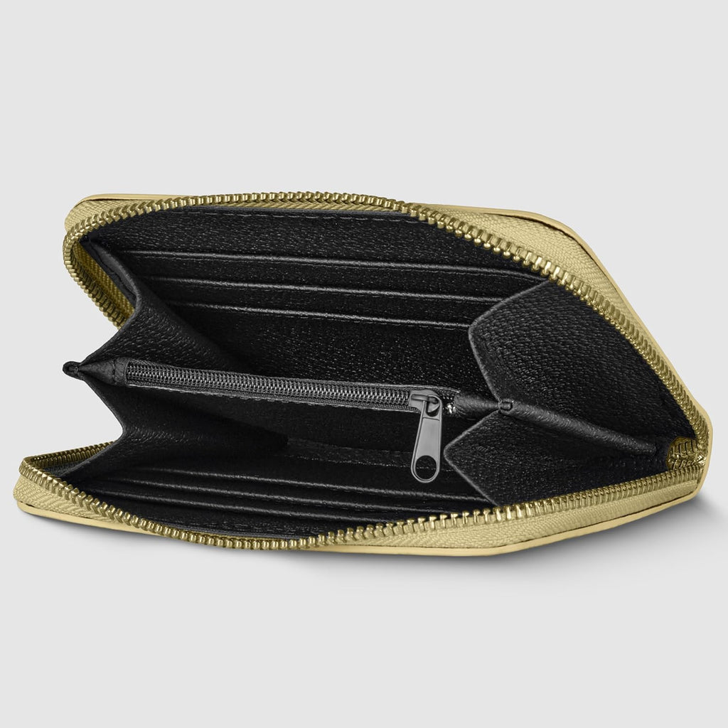 Italian Genuine Suede Wallet for Women with Metallic Weave & Full Zip Closure | Small Rectangular Card Holder Purse (Gold)