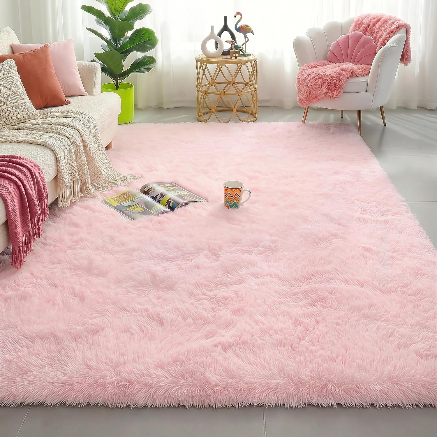 Light Pink Area Rugs For Bedroom Girls, Living Room Decor, Fluffy Fuzzy Plush Shag Rug 4X6 For Kids Room, Soft Cute Aesthetic Floor Fur Carpet For Baby, Toddler, Teen, Nursery, Preppy Dorm, Playroom