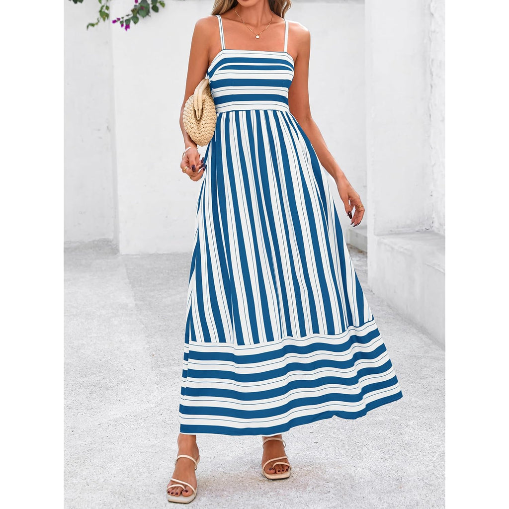 Prettygarden Women Summer Maxi Dresses 2026 Spaghetti Strap Boho Floral Striped Wedding Guest Beach Vacation Flowy Long Dress