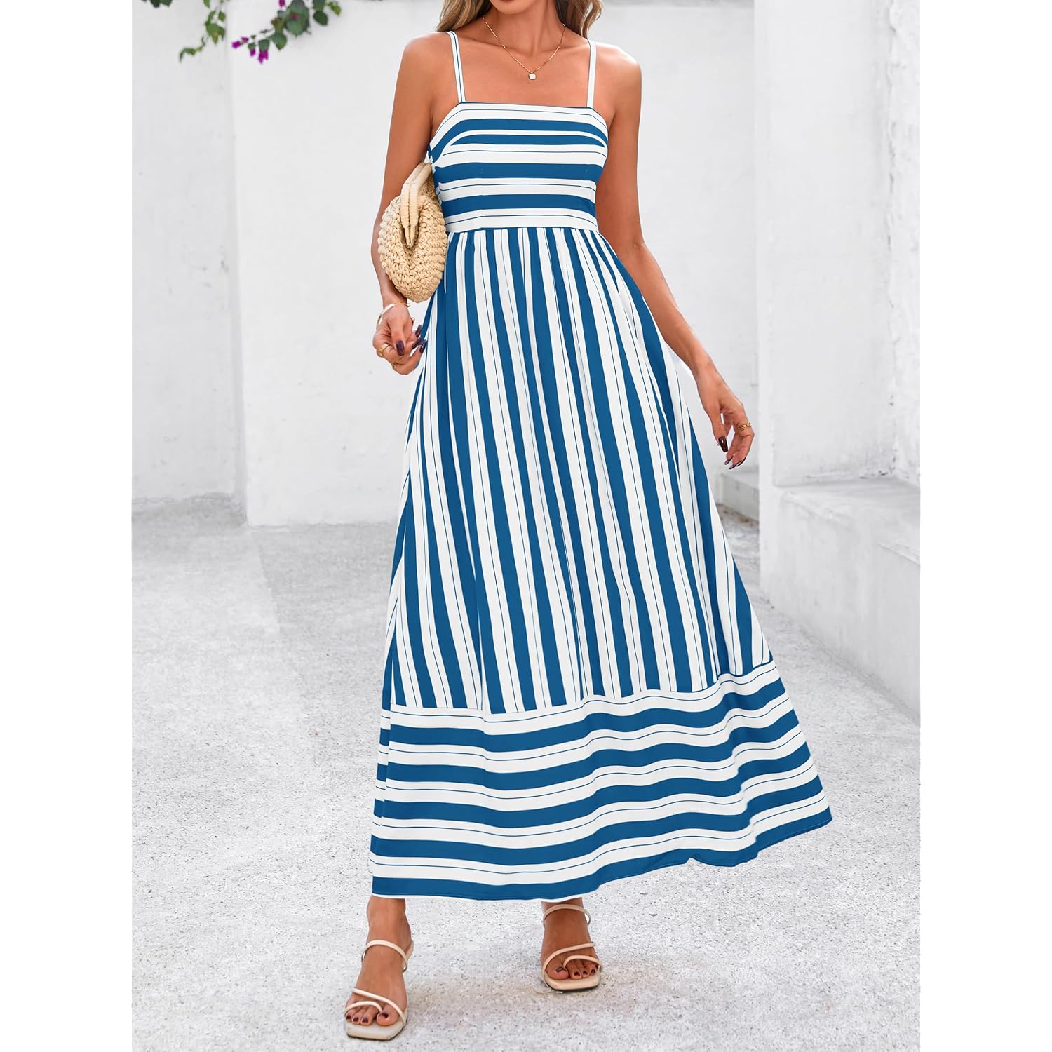 Prettygarden Women Summer Maxi Dresses 2026 Spaghetti Strap Boho Floral Striped Wedding Guest Beach Vacation Flowy Long Dress