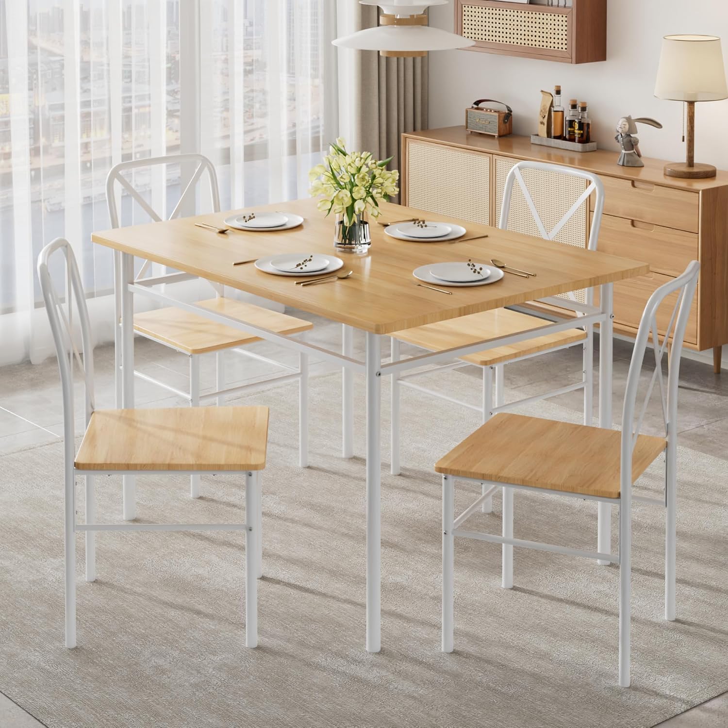 Vecelo 5-Piece Dining Table Set For 4, Wood Dinette With Chairs, Natural | Space-Saving, For Kitchen