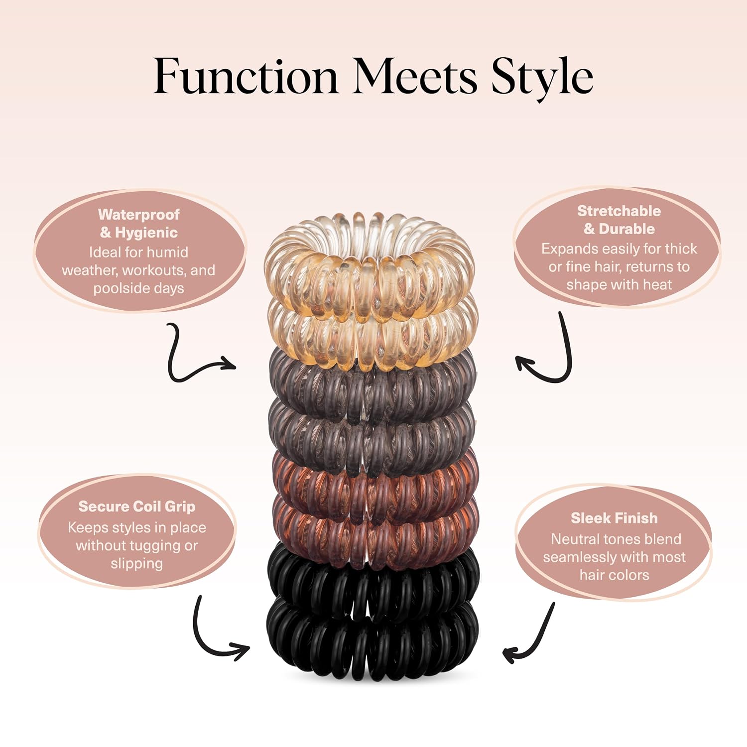 Kitsch Spiral Hair Ties For Women – Coiled Plastic Hair Ties No Damage, Ponytail Holders For Thick And Thin Hair – Creaseless And Dent-Free, Phone Cord Style - Brunette, 8 Pcs