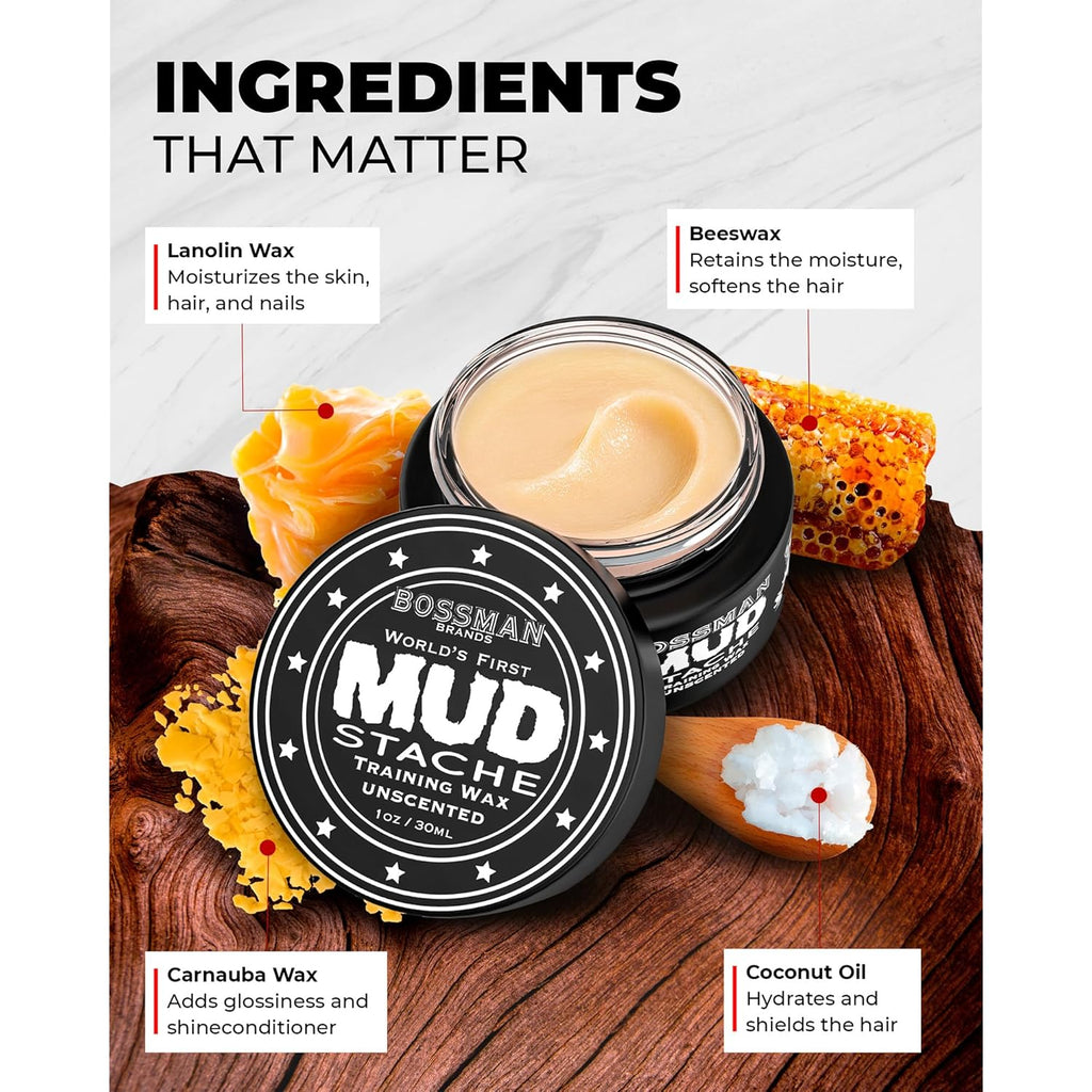 Bossman MUDstache Unscented Mustache Wax for Men (1 oz) – Strong 24-Hour Hold, Non-Tacky & Easy to Apply for Taming & Styling