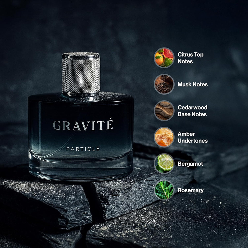 Particle Gravité Cologne Spray for Men, Long Lasting Fresh Scent, Men's Perfume Woody Citrus Fragrance, Notes of Pepper, Rosemary, Grapefruit, Cedar, Cashmere & Musk, 3.38 FL OZ Bottle