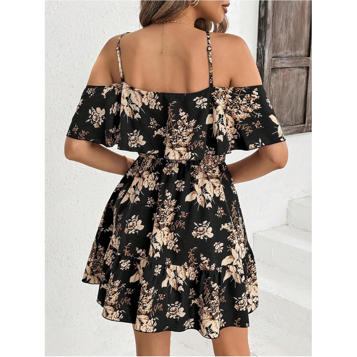 Soly Hux Women'S Boho Floral Print Cold Shoulder Dress Short Sleeve Ruffle A Line Vacation Elegant Mini Dresses
