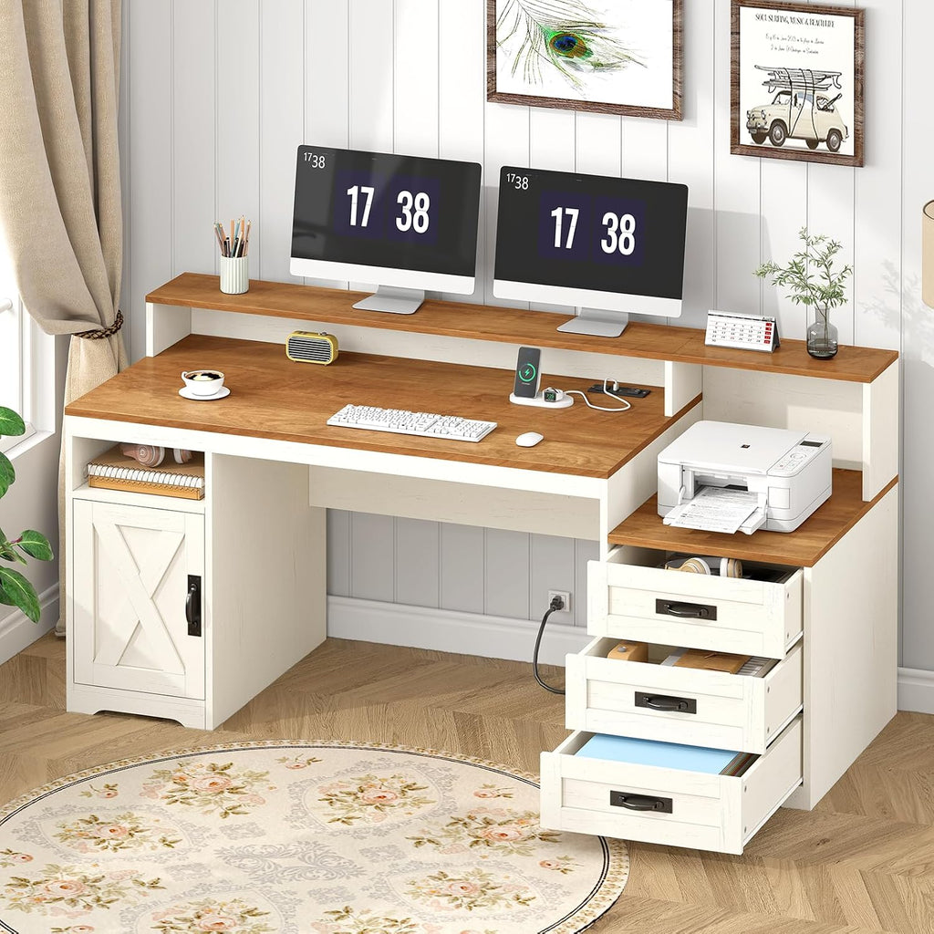 Tvu Farmhouse Computer Desk With Drawers, 65'' Home Office Desk With Power Outlets, Storage Cabinet And Printer Stand, Study Writing Desks With Long Monitor Stand, Brown And White