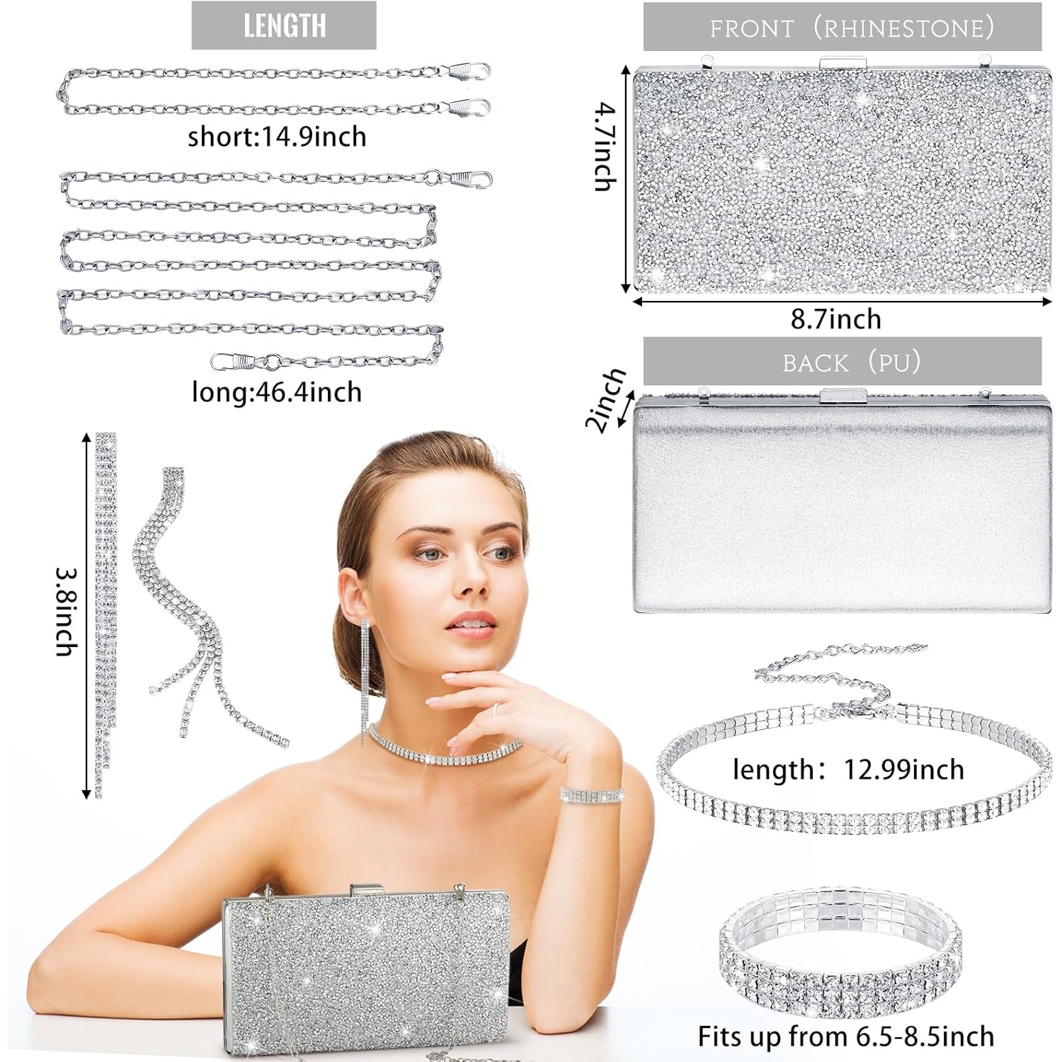 Kigeli 4 Pieces Women Rhinestone Evening Clutch Bag Bling Earring Necklace Bracelet for Wedding Graduation Prom