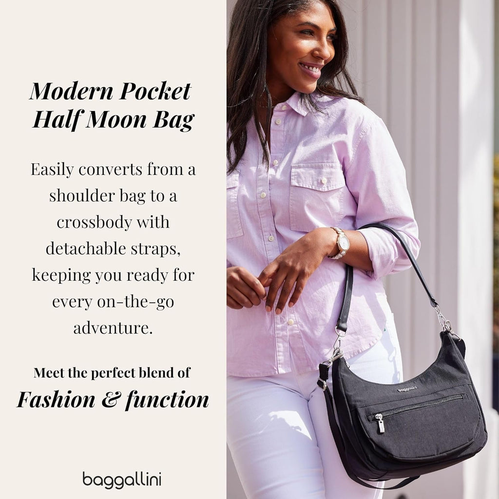 Baggallini Modern Pocket Half Moon 11"x10.5" Shoulder Women W/Replaceable Straps Converts to Crossbody Bag