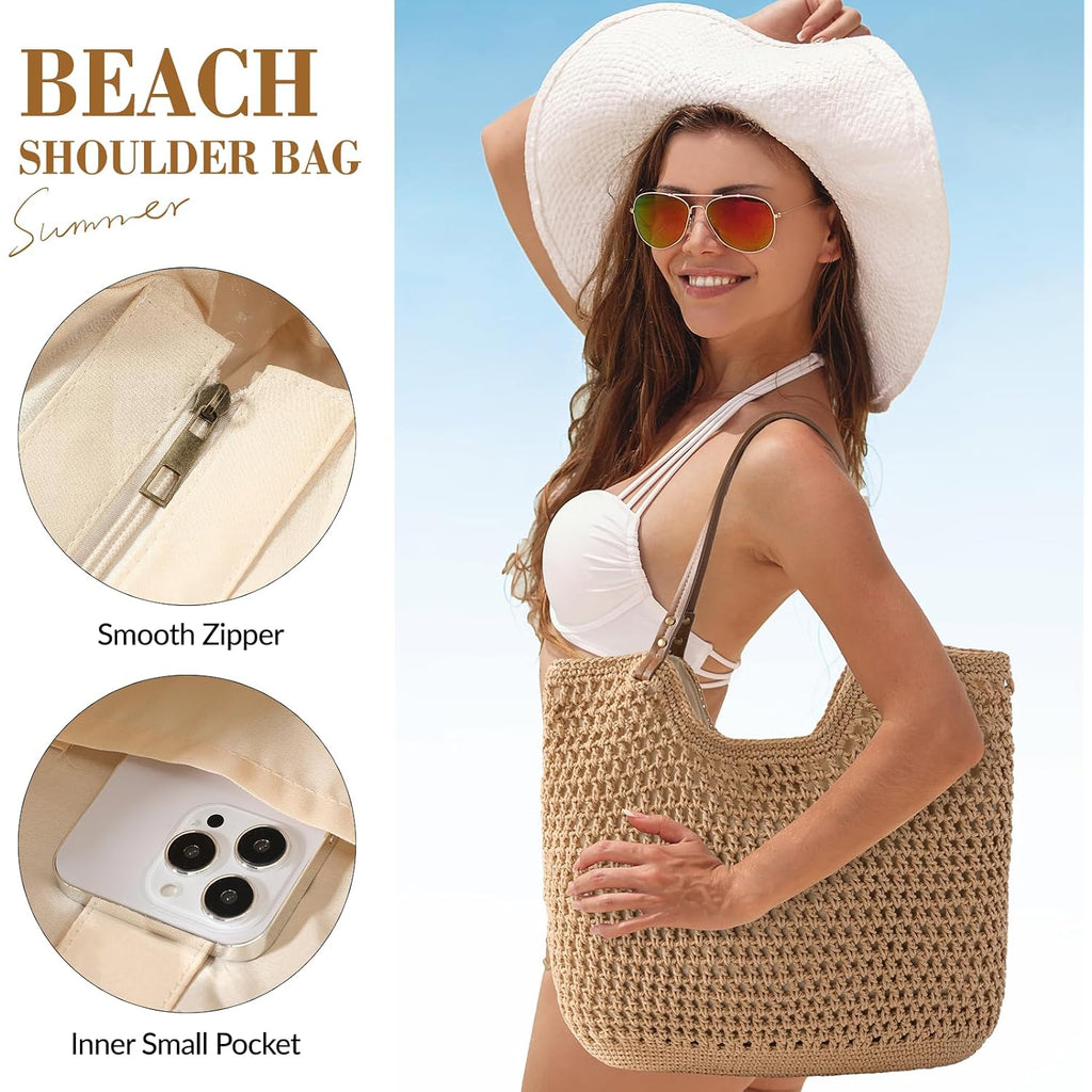 Pleneal Crochet Beach Bag, Summer Woven Tote Bag With Lining, Soft Purse Shoulder Bags For Vacation