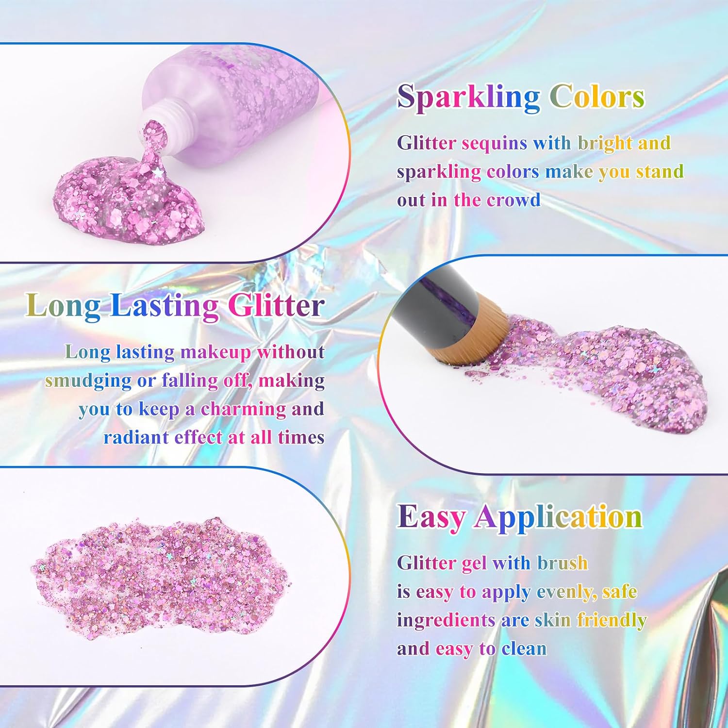 Body Glitter Gel, Hair Face Glitter For Kids & Women, Chunky Mermaid Sequins, Easy Apply & Quick Drying, World Cup Makeup, Singer Concert Festival Birthday Party, Rave Accessories, Pink