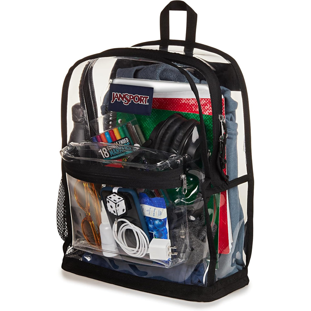 Jansport Clear Pack – 25.5L Transparent Backpack, Large Main Compartment, Side Water Bottle Pocket, Front Zippered Pocket, Mesh Bottom Panel, Clear