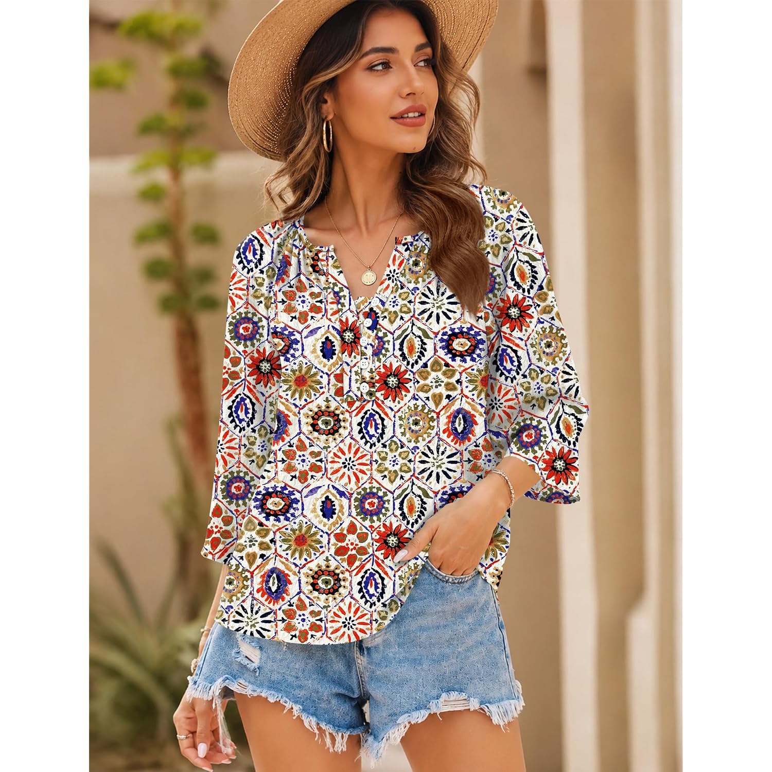 Akewei Womens 3/4 Sleeve Tops V Neck Linen Blouse Button Down Shirts For Women Dressy Casual 2026