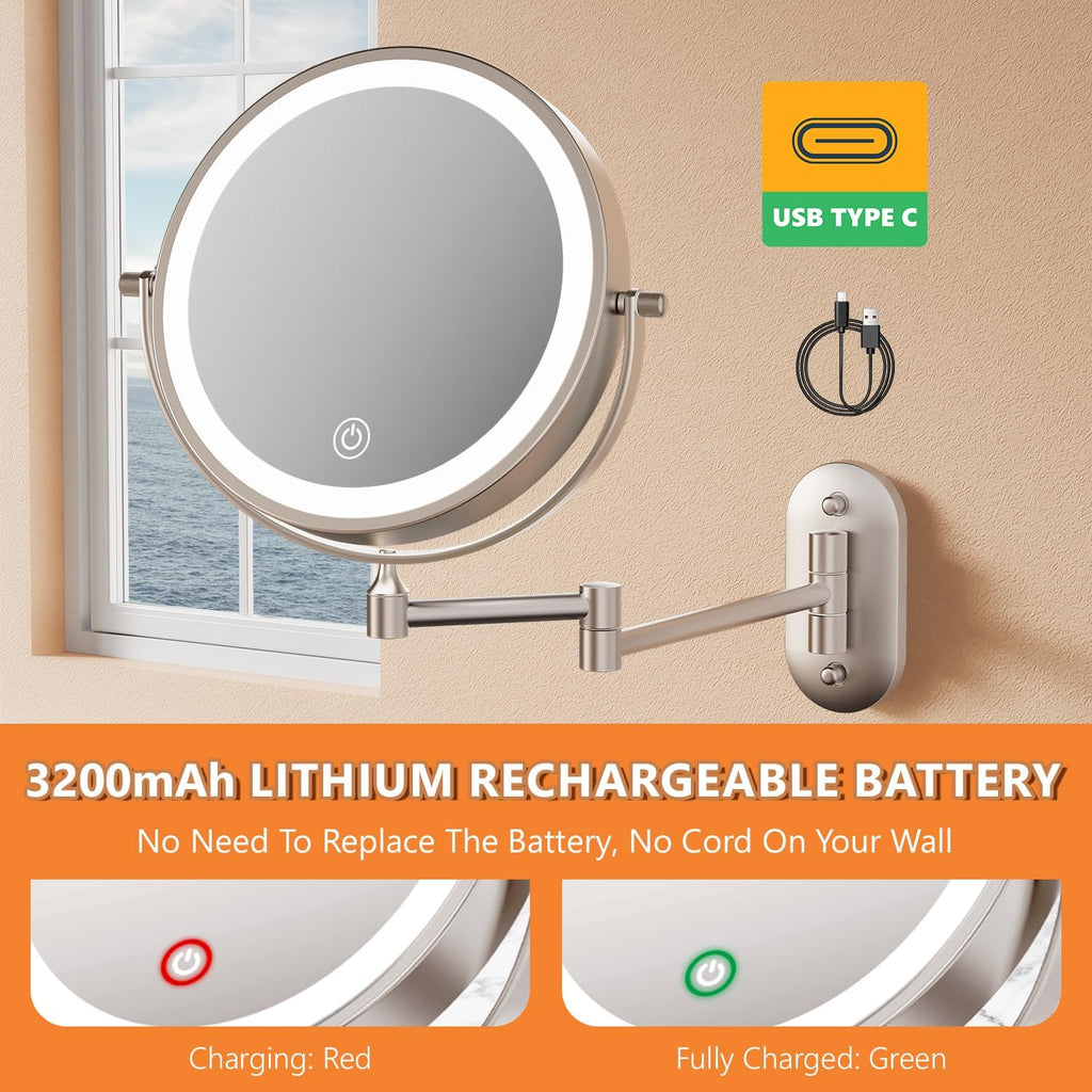 Auxmir 1X/30X Wall Mounted Lighted Makeup Mirror, 8" 3200 Mah Rechargeable Double-Sided Magnifying Mirror, Touch Dimmable 3 Color Lights, 360° Rotating Foldable 14.5" Extension Arm, Brushed Nickel