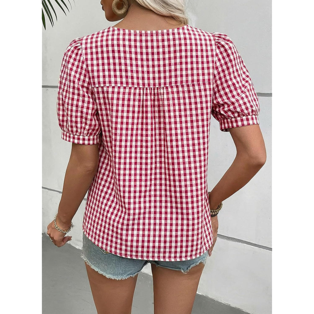 EVALESS Tops for Women Short Sleeve Tunic Blouse Square Neck Gingham Tops Cotton Blend Plaid Shirt Cute Checkered Shirt