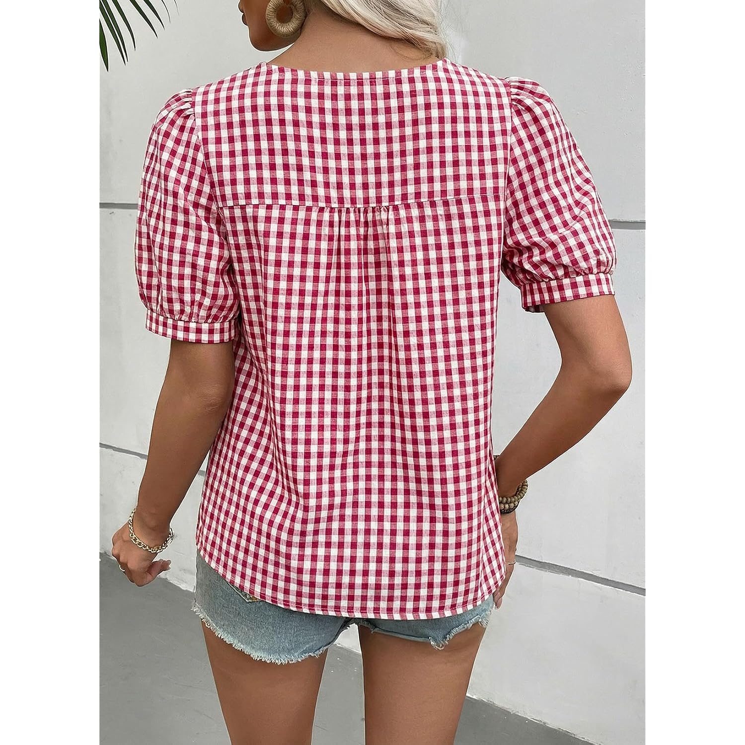 EVALESS Tops for Women Short Sleeve Tunic Blouse Square Neck Gingham Tops Cotton Blend Plaid Shirt Cute Checkered Shirt