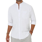 Alimens & Gentle Men'S Cotton Linen Shirts Long Sleeve Button Down Shirt Band Collar Beach Shirts