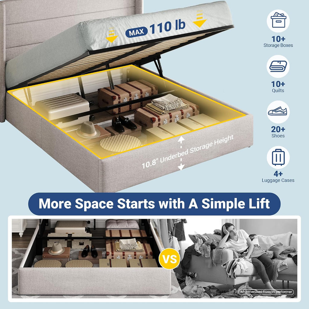 Allewie Queen Size Lift Up Hydraulic Storage Bed Frame Light Beige