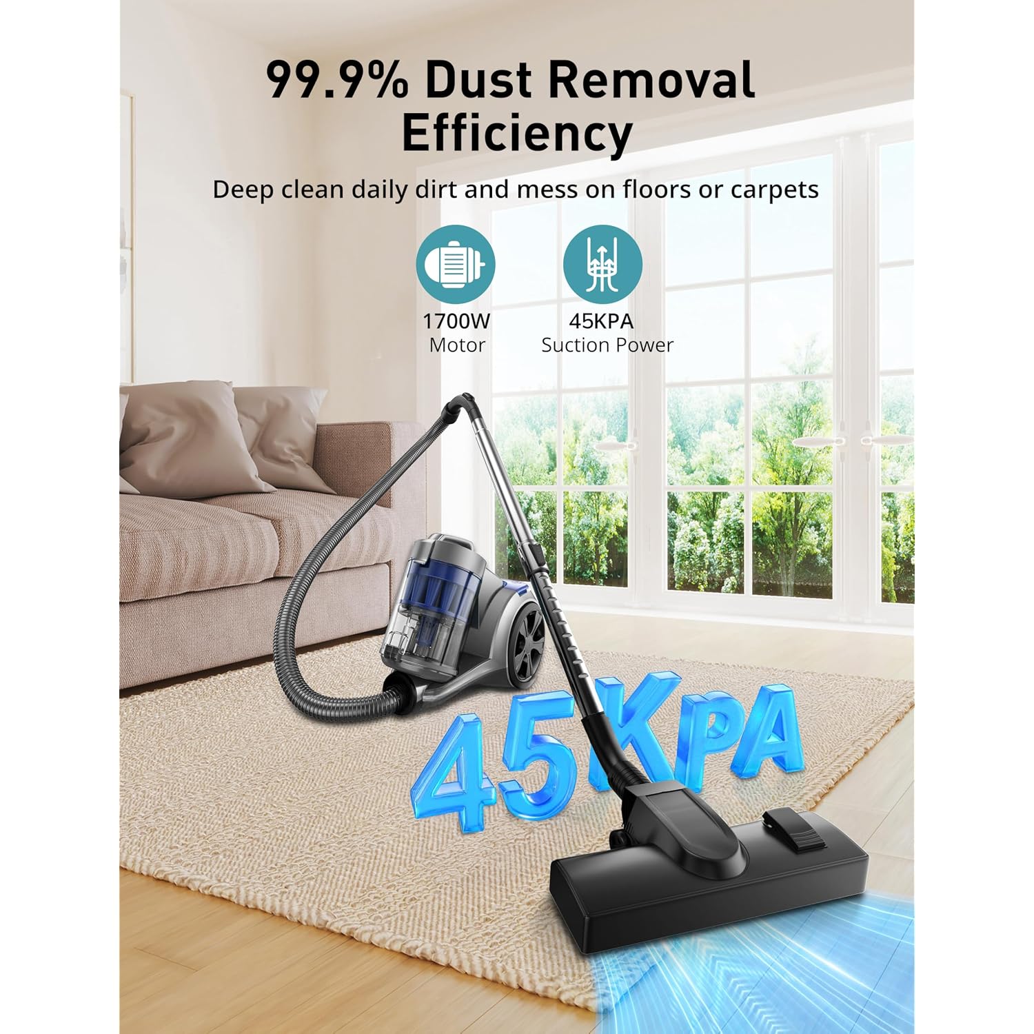 Aspiron 1700W Canister Vacuum Cleaner, 45Kpa Bagless Vacuum Cleaner