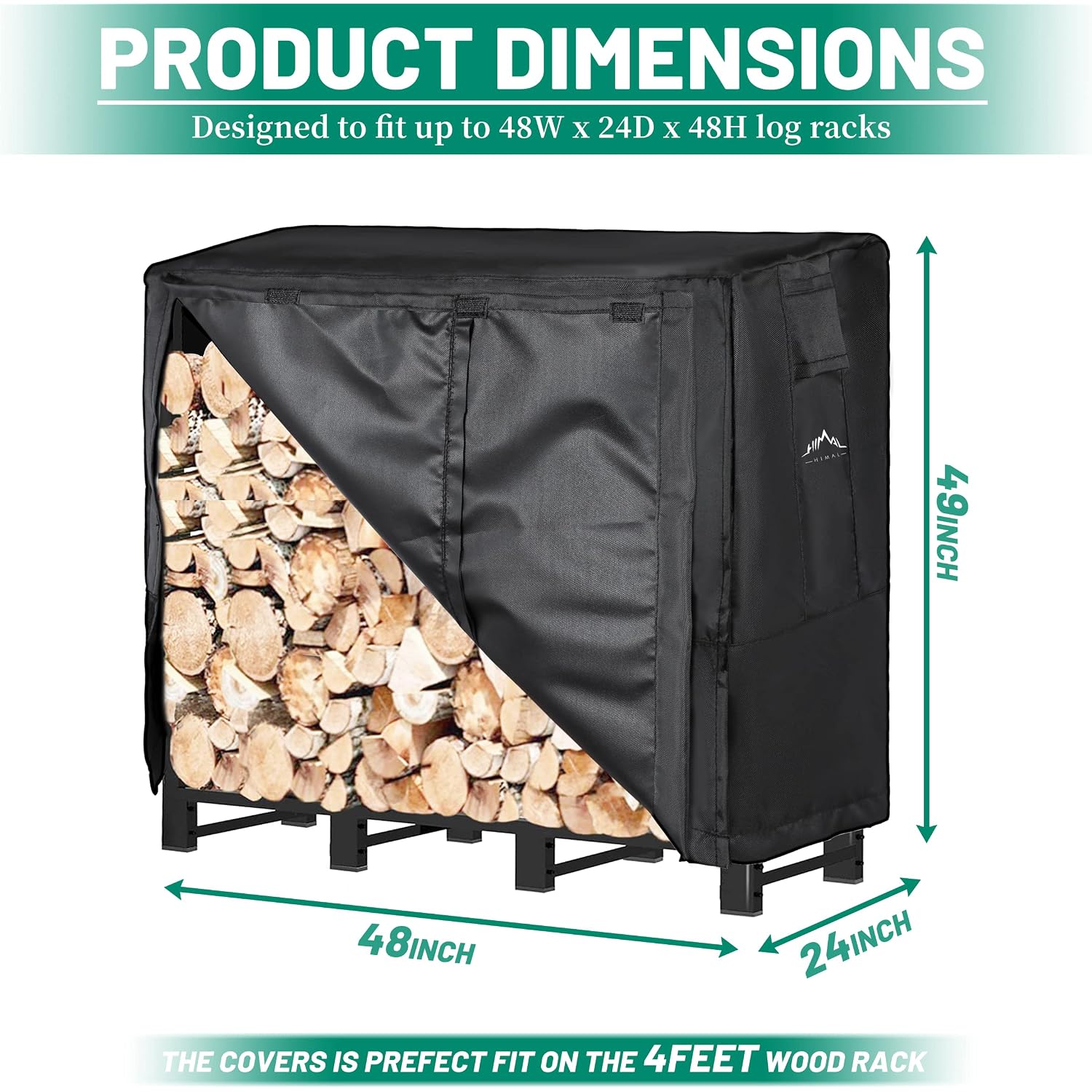 Himal 4Ft Waterproof Firewood Rack Cover, 600D Oxford Firewood Cover | Outdoor Storage Wood Rack Cover With Buckle (Log Rack Not Included)