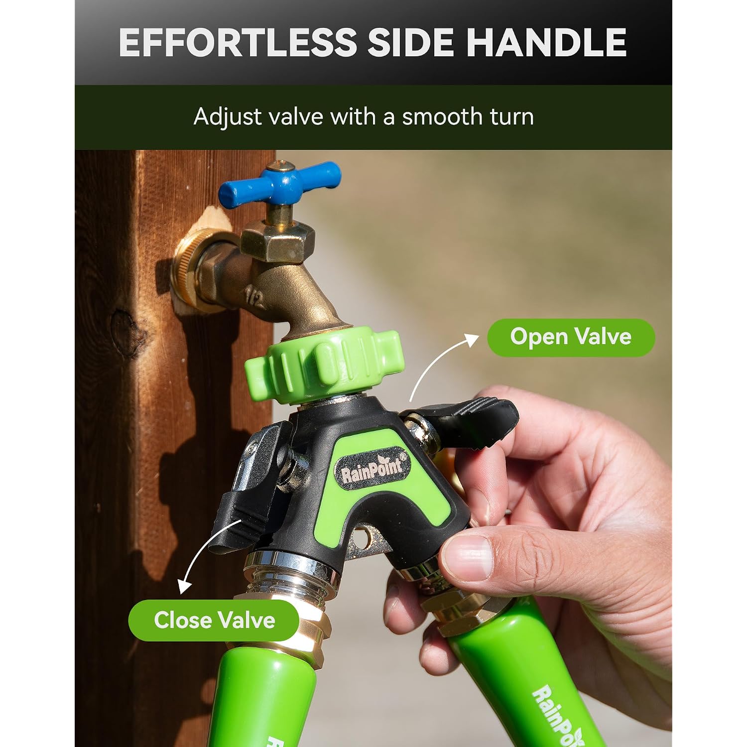Rainpoint Garden Hose Splitter 2 Way, All Metal Heavy Duty Water Hose Y Splitter With 2.05" Extra Long Side Handle & Shut Off Valves, 3/4 Inch Ght Thread Connector For Outdoor Spigot Faucet (Green)
