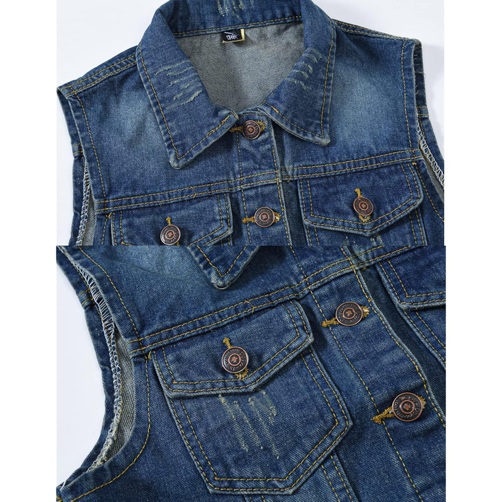 Women'S Casual Denim Waistcoat Slim Fit Frayed Sleeveless Jacket Ripped Tops With Pockets