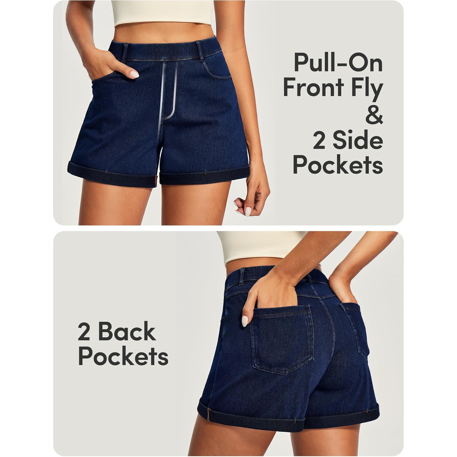 Stretchy Baggy Jean Shorts Womens Pull On Denim Shorts Women High Waisted Tummy Control Jorts Summer Casual with Pockets