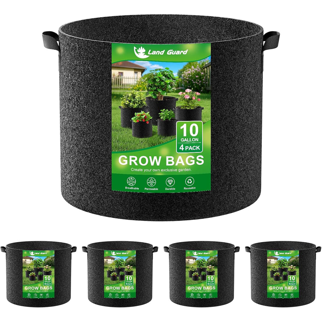 Land Guard 4-Pack Fabric Grow Bags 10 Gallon, Thickened Nonwoven Garden Pots, Growing Bags With Handles, Black