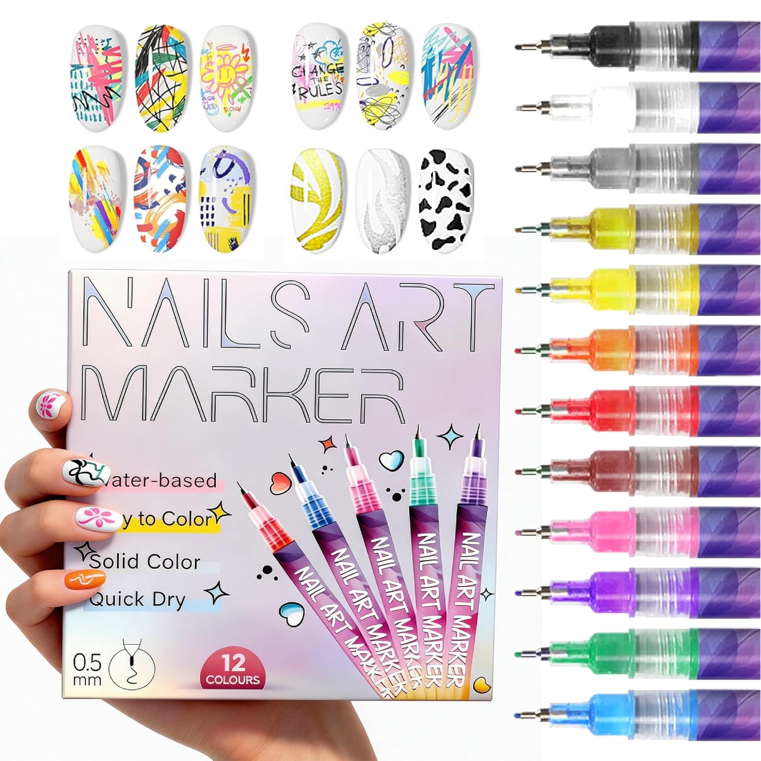 12 Colors Nail Art Pens Set, 3D Nail Polish Pens, Nail Art Markers for Gel Nails, Dotting Pen, Acrylic Paint Pens, Liner Pen for Nail Art Design Manicure DIY Decoration