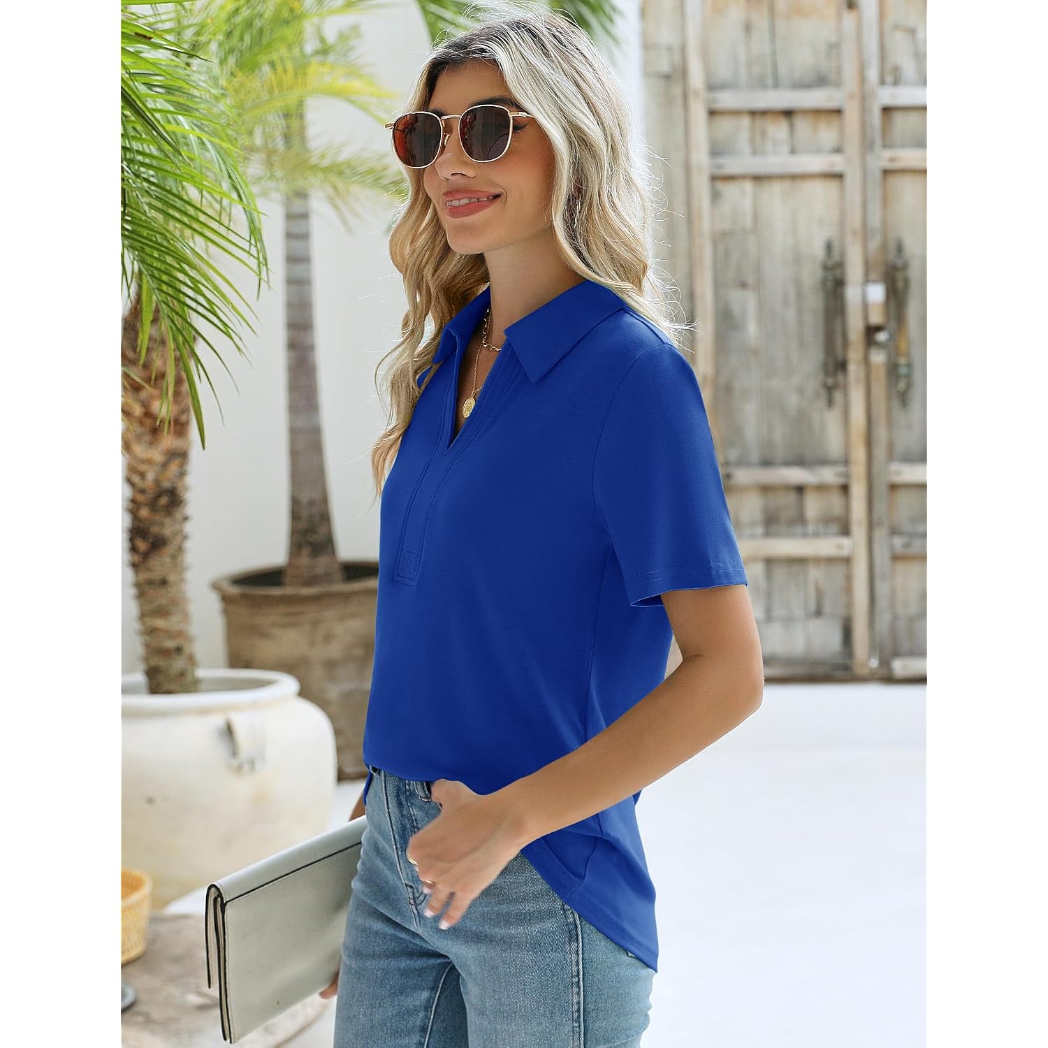 Zhenwei Women'S Short Sleeve V-Neck Polo Shirts Business Casual Work Collared Tops Dressy Johnny Collar Cute Blouses