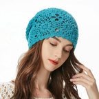 ZLYC Women Cotton Crochet Slouchy Beanie Hat Handmade Knit Summer Skull Cap Solid Peacock Blue