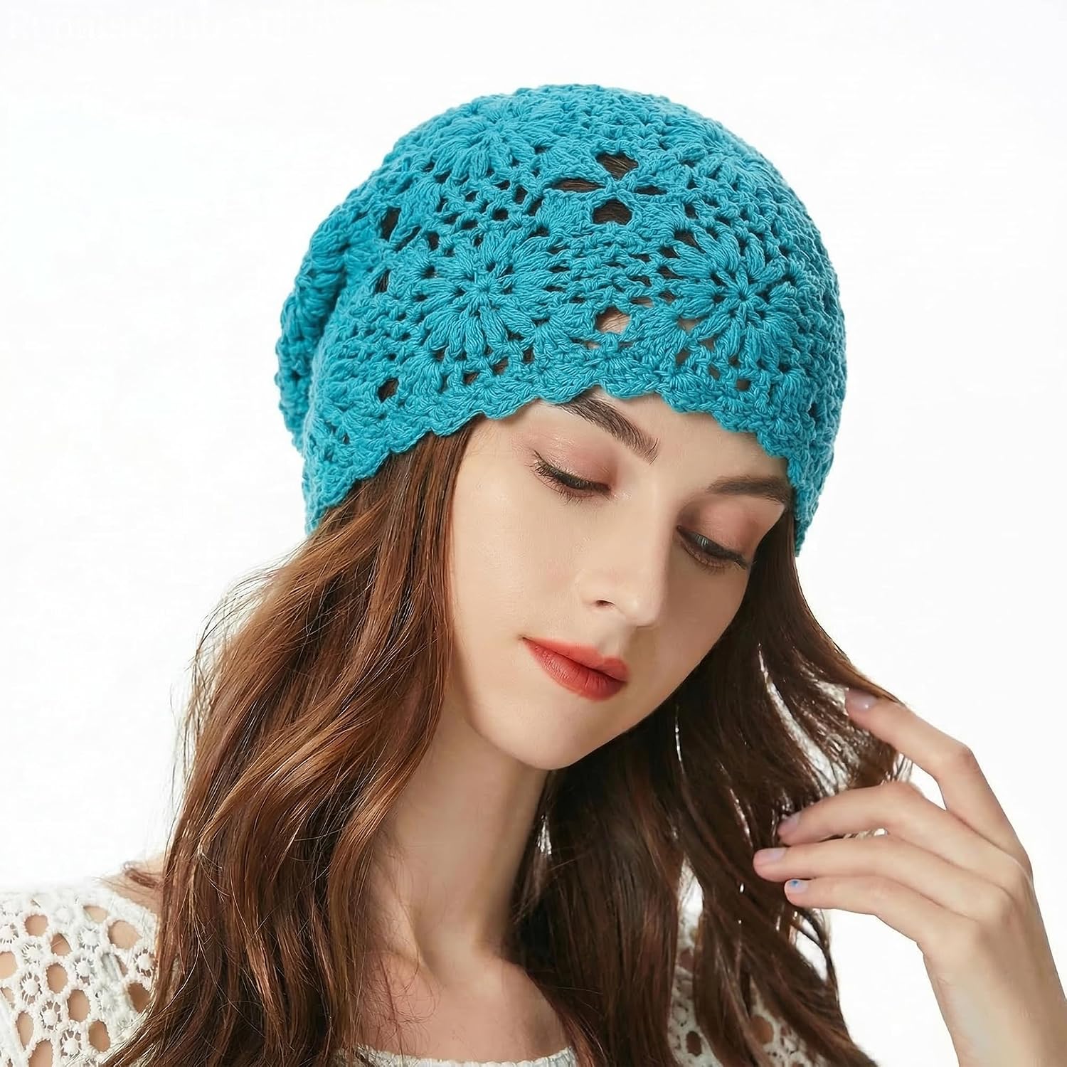 ZLYC Women Cotton Crochet Slouchy Beanie Hat Handmade Knit Summer Skull Cap Solid Peacock Blue
