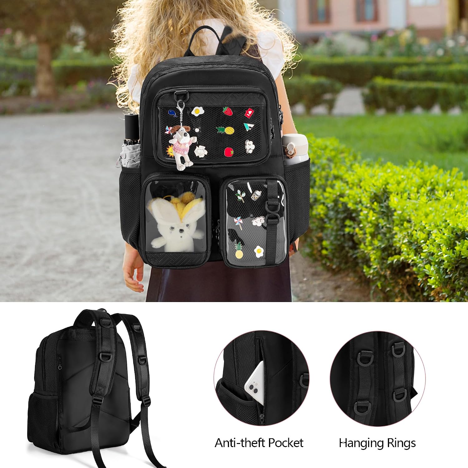 Ita Bag Pin Display Backpack With Insert, Aesthetic Laptop Backpack | Ita Backpack With 3 Clear-Window Pockets, Laptop Sleeve, Kawaii Backpack For Cosplay & Concert(Pins Not Included)
