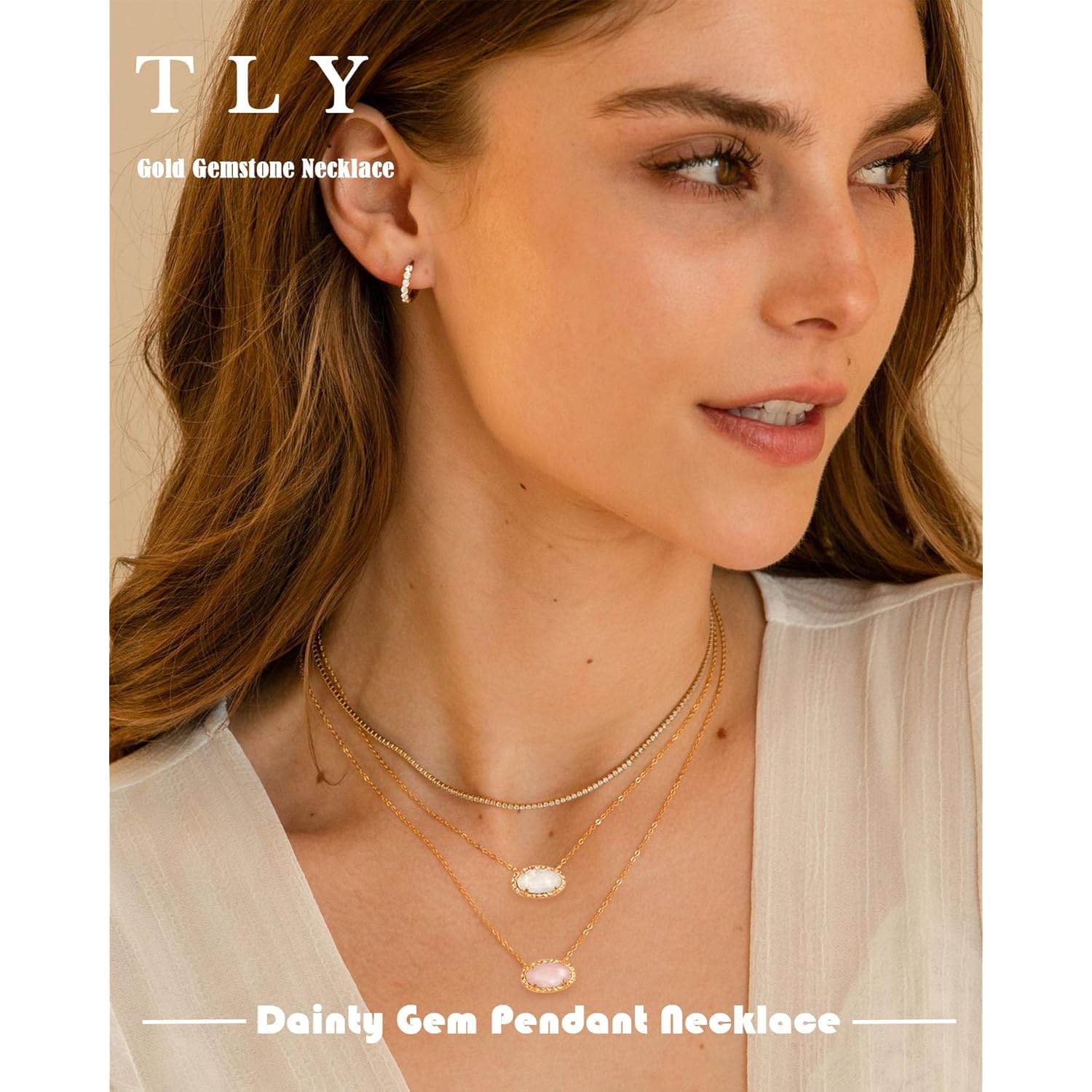 TLY Gold Necklace for Women 14k Gold Plated Dainty Gemstone Pendant Necklace Red Rose Quartz Black Emerald Green Blue Prom Choker Necklace Birthday Wedding Bridesmaid Necklace Mothers Day Jewelry gifts