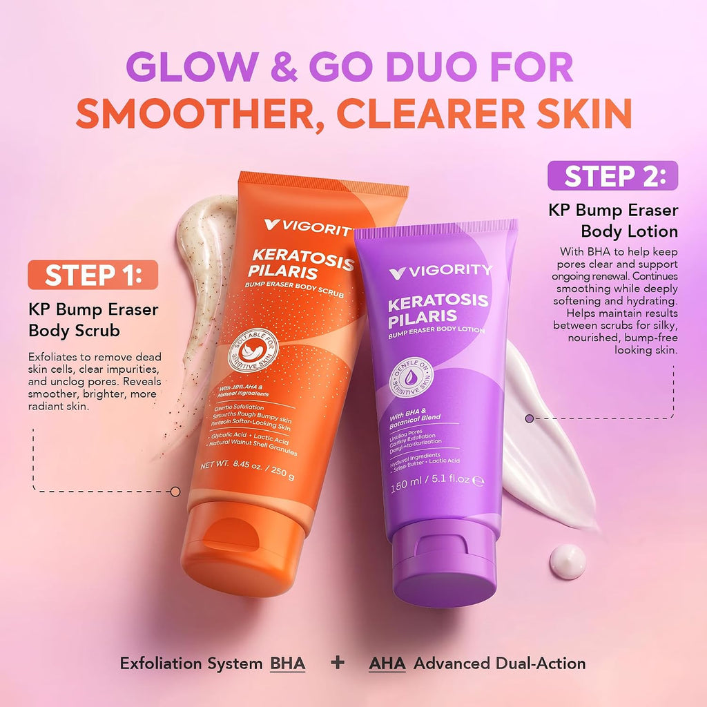 Kp Bump Eraser Body Scrub & Keratosis Pilaris Lotion Set With 10% Aha + Bha – Strawberry Legs Treatment For Women & Man - Exfoliates & Deeply Hydrates For Smoother Healthy-Looking Skin
