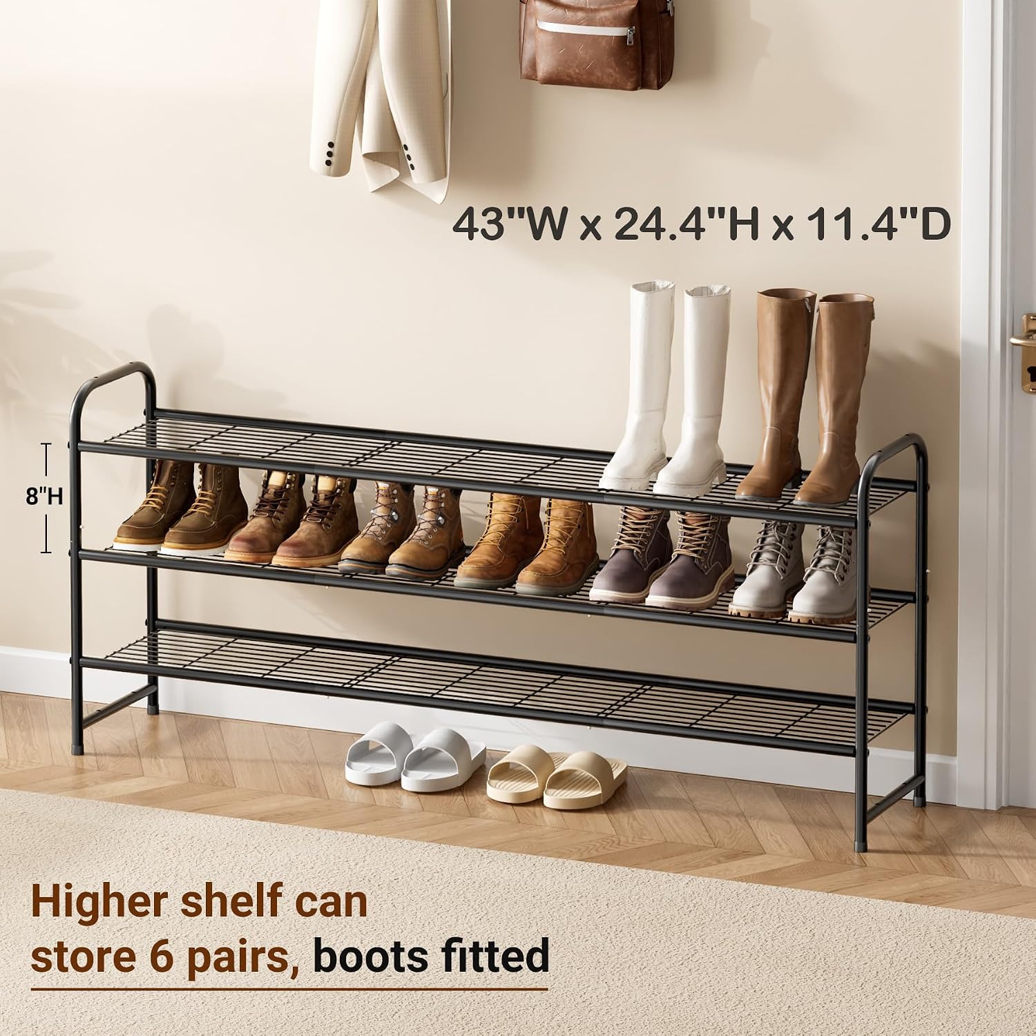3-Tier Long Shoe Rack For Closet Metal Shoe Organizer For Entryway, Wide Stackable Shoe Storage Shelf With Sturdy Wire Grid For Closet Floor, Bedroom, Black