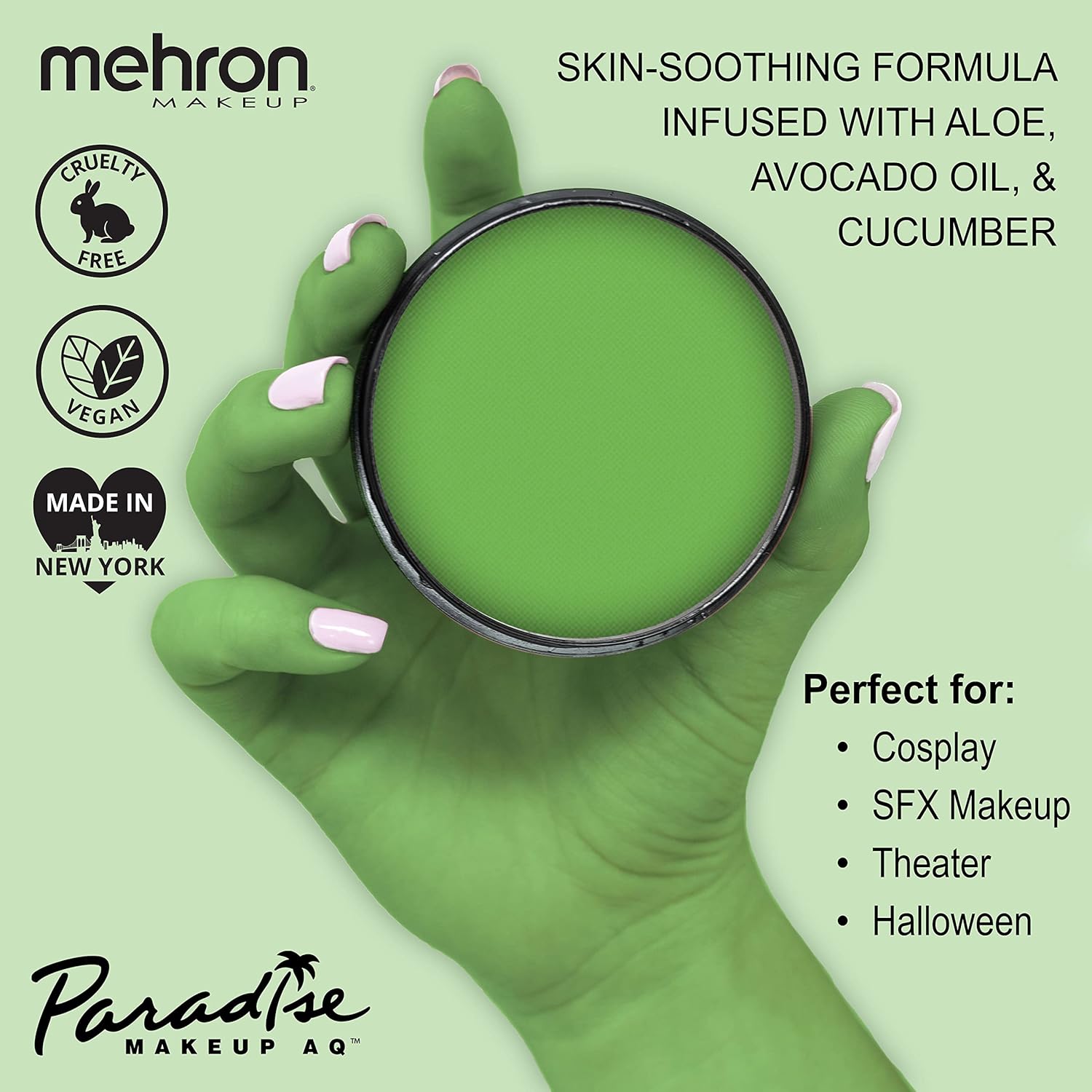 Mehron Makeup Paradise Makeup AQ Refill Size | Stage & Screen Performance, Face & Body Painting, Beauty, Cosplay, and Halloween | Water Activated Face Paint, Body Paint 1.4 oz (40 g) - Light Green