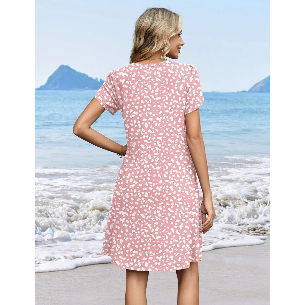 Summer Dresses for Women Casual A Line Dress 2026 V Neck Short Dresses Floral Sundress Pleated Boho Dress